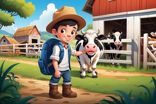 Foto personaje de dibujos animados de un niño con antecedentes de una granja de vacas