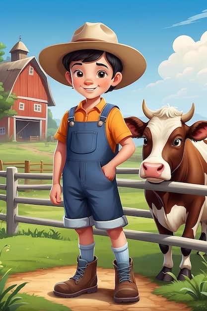 Personaje de dibujos animados de un niño con antecedentes de una granja de vacas