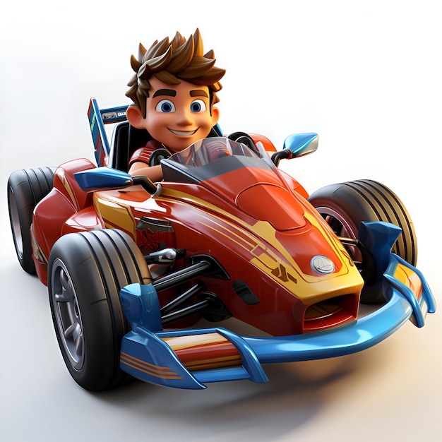 Foto personaje de dibujos animados de un niño conduciendo un coche de carreras en fondo blanco