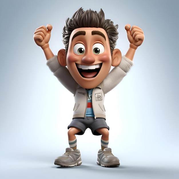 Personaje de dibujos animados de un niño feliz con las manos en alto sobre un fondo gris