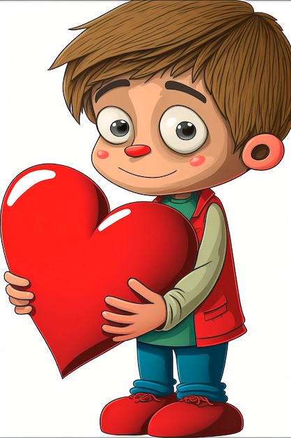 Foto personaje de dibujos animados niño con un gran corazón en las manos aislado sobre fondo blanco día de san valentín