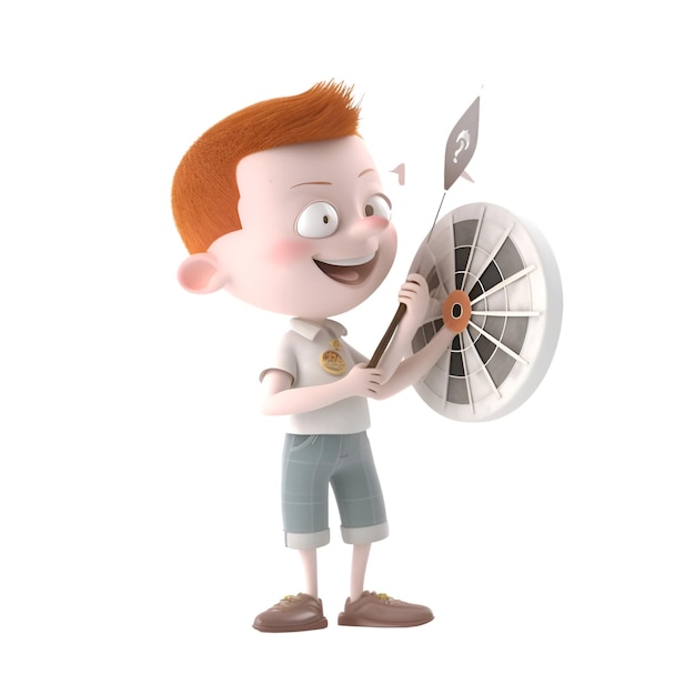 Personaje de dibujos animados de un niño con un tablero de dardos sobre un fondo blanco.