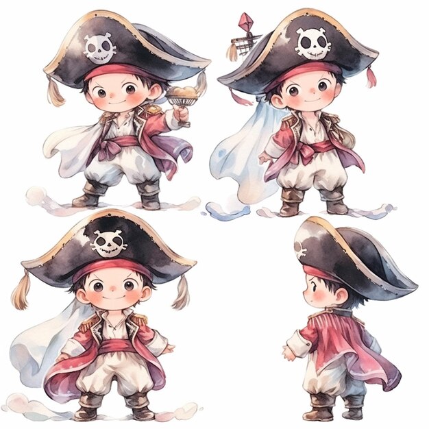 personaje de dibujos animados de un niño vestido con traje de pirata con varias poses ai generativo