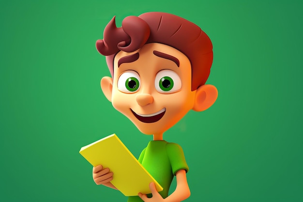 Un personaje de dibujos animados con ojos verdes leyendo un libro.