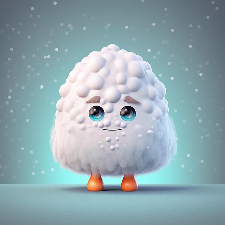 Un personaje de dibujos animados con una oveja blanca en los pies.