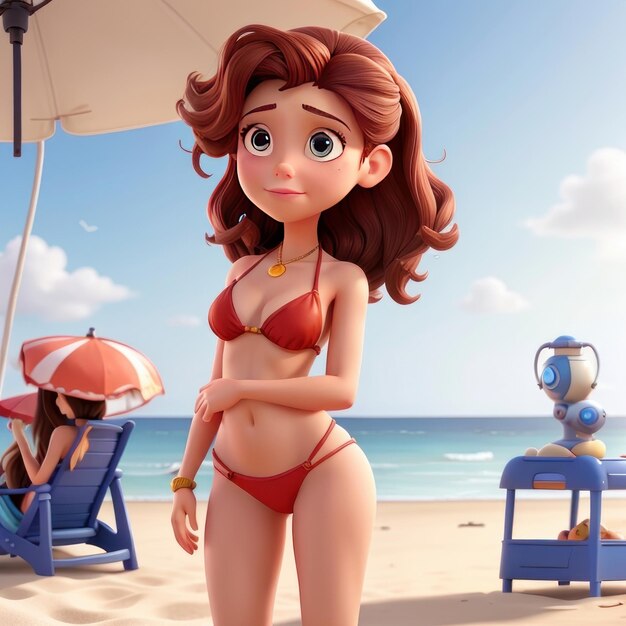 Foto un personaje de dibujos animados con un paraguas y una mujer en bikini.