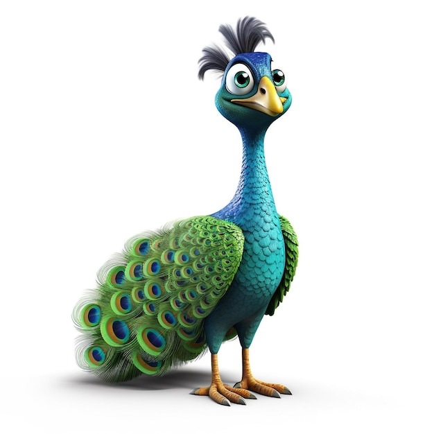 Un personaje de dibujos animados de pavo real en 3D El símbolo de la realeza