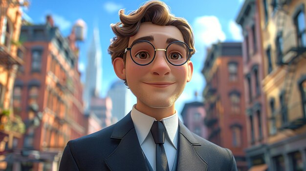 un personaje de dibujos animados de la película está usando gafas y un traje