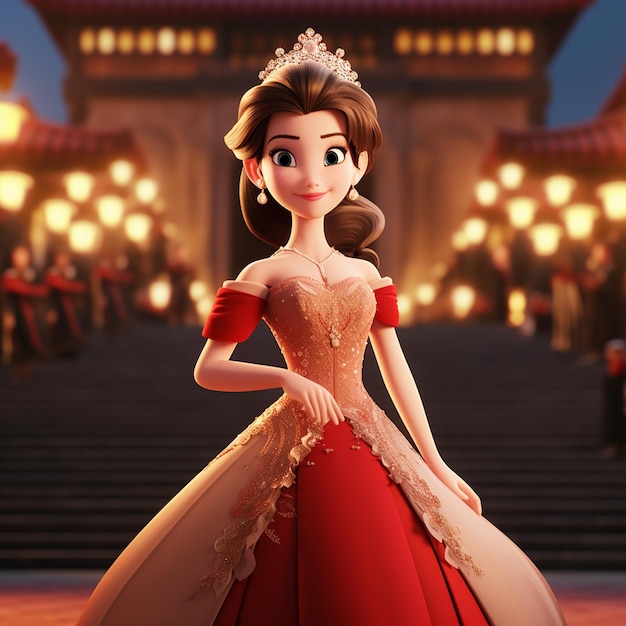 Foto un personaje de dibujos animados de la película lleva un vestido rojo con un borde dorado.