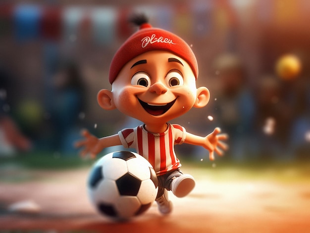 Un personaje de dibujos animados con una pelota de fútbol y una gorra roja que dice "bebe"