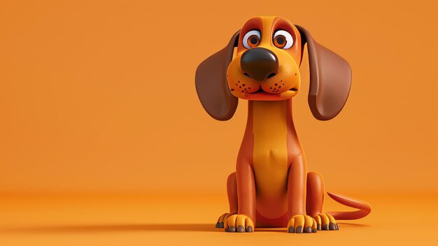 El personaje de dibujos animados del perro dachshund se sienta en un fondo naranja con espacio de copia