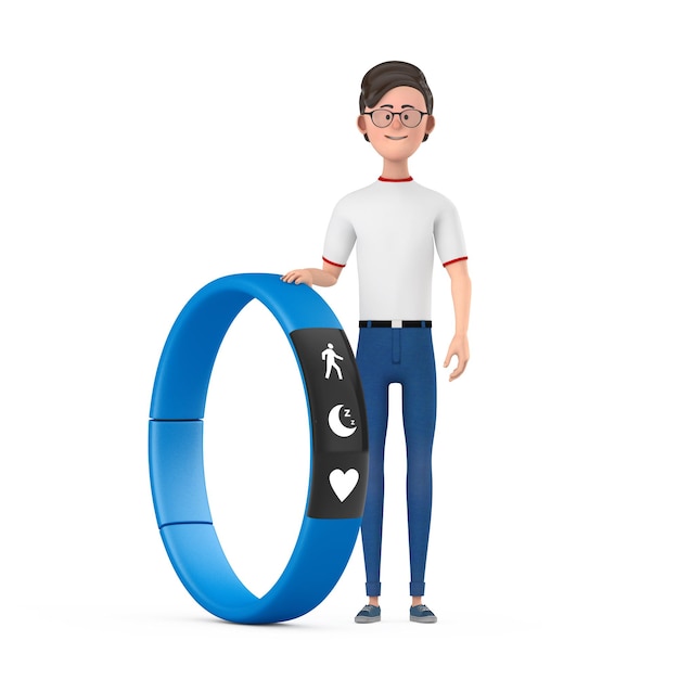 Personaje de dibujos animados Persona Hombre con Blue Fitness Tracker Representación 3d