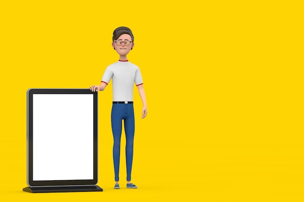 Personaje de dibujos animados Persona Hombre con soporte de pantalla LCD de feria comercial en blanco como plantilla para su diseño Representación 3d