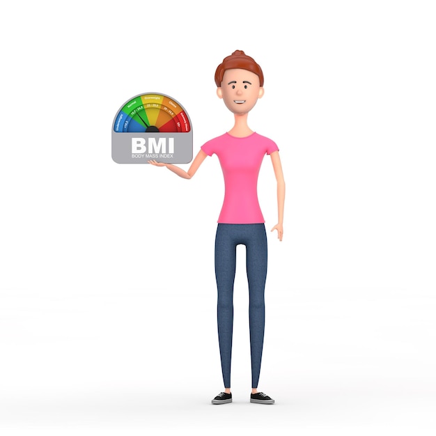 Foto personaje de dibujos animados persona mujer mantenga imc o índice de masa corporal escala medidor dial gage icono sobre un fondo blanco. representación 3d