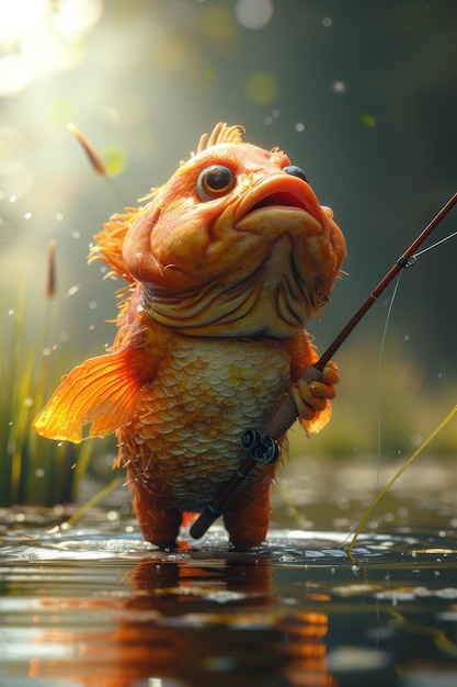 personaje de dibujos animados de un pez con una caña de pescar el concepto de la pesca ilustración 3d