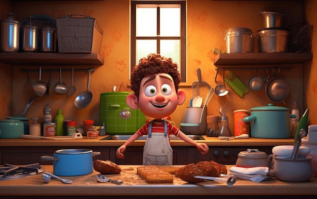 Foto personaje de dibujos animados de pie frente al mostrador de la cocina