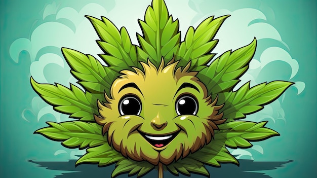 Personaje de dibujos animados de la planta de cannabis fumando con expresión feliz