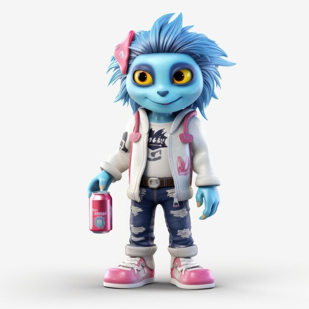 Foto el personaje de dibujos animados punk rock blue en 3d monstruo de moda de alta calidad