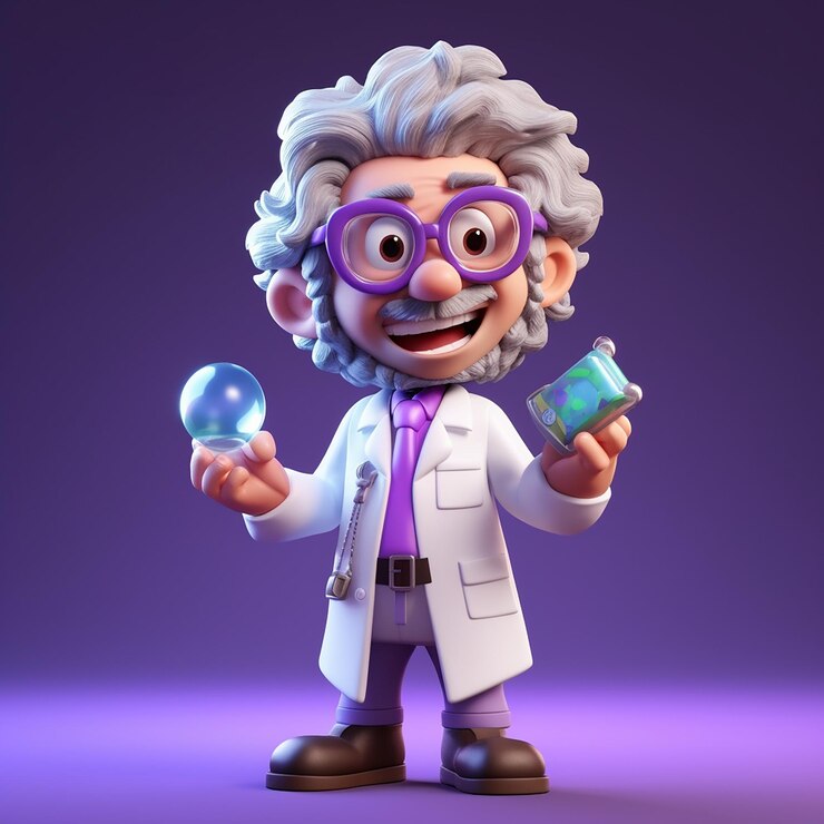 Un personaje de dibujos animados que sostiene un tubo de ensayo y una botella de vidrio con una etiqueta que lee ciencia.