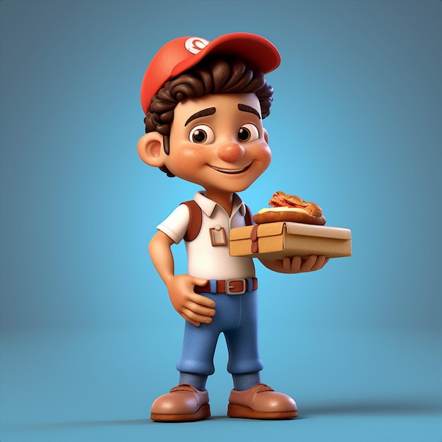 Un personaje de dibujos animados de un repartidor de comida con un sombrero rojo sosteniendo una hamburguesa y una caja