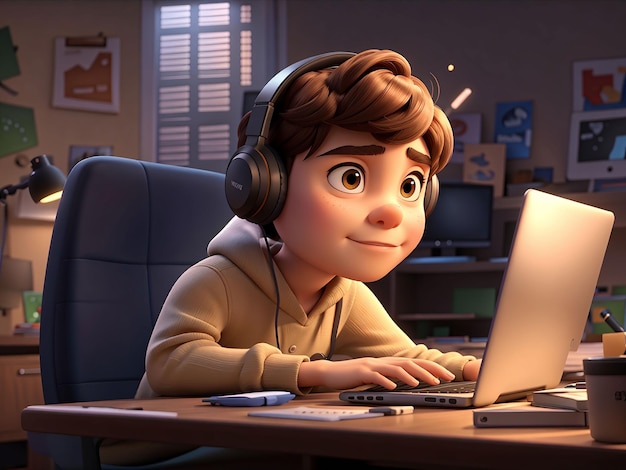 Un personaje de dibujos animados sentado en un escritorio con una computadora portátil una computadora de renderización de tendencia en la sociedad CG