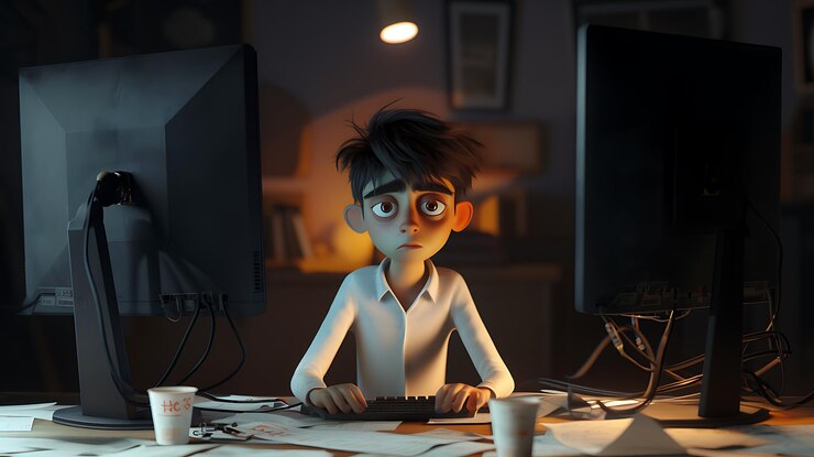 Foto personaje de dibujos animados sentado en un escritorio con una computadora y una taza de café