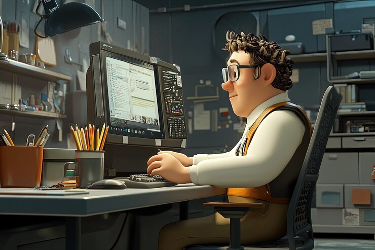 Foto un personaje de dibujos animados sentado en un escritorio con una computadora