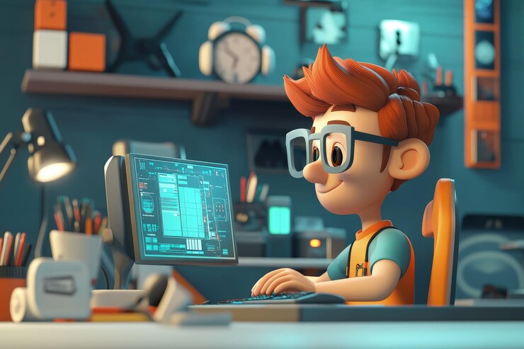 Foto un personaje de dibujos animados sentado en un escritorio con una computadora