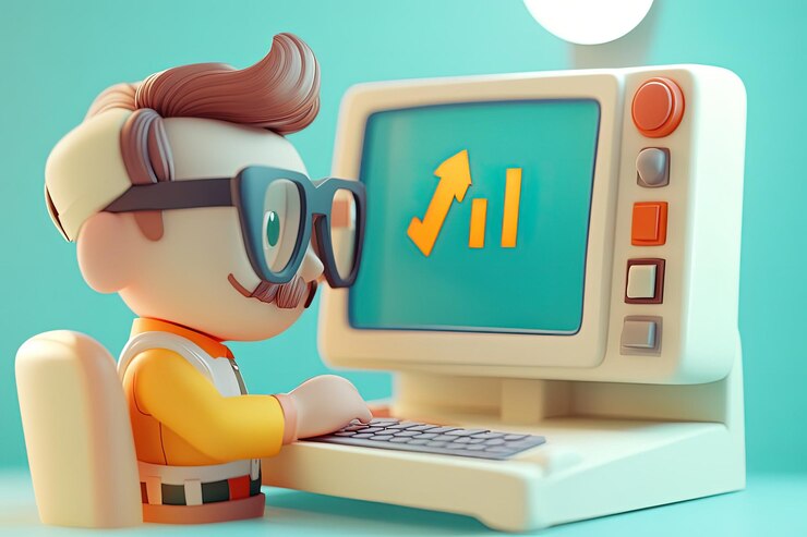 Foto un personaje de dibujos animados sentado frente a una computadora