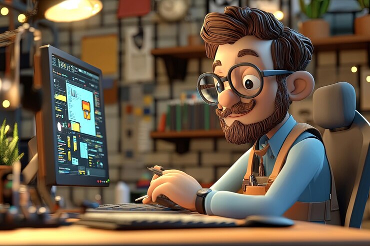 Foto un personaje de dibujos animados sentado frente a una computadora