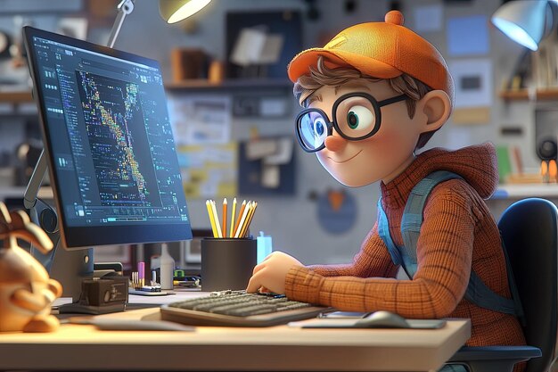 Un personaje de dibujos animados sentado frente a una computadora