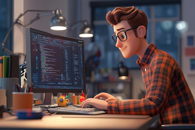 Un personaje de dibujos animados sentado frente a una computadora