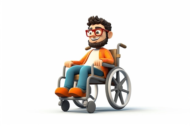 Personaje de dibujos animados en silla de ruedas aislado sobre fondo blanco.