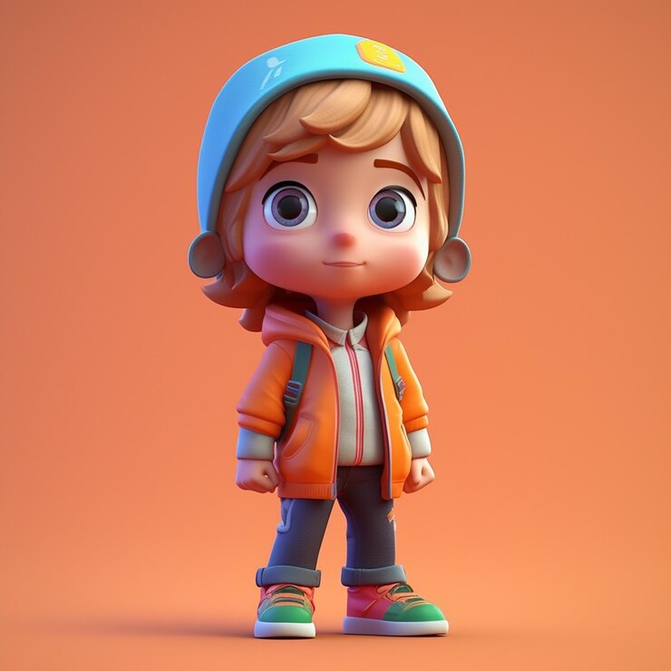 Un personaje de dibujos animados con un sombrero azul y una chaqueta naranja.