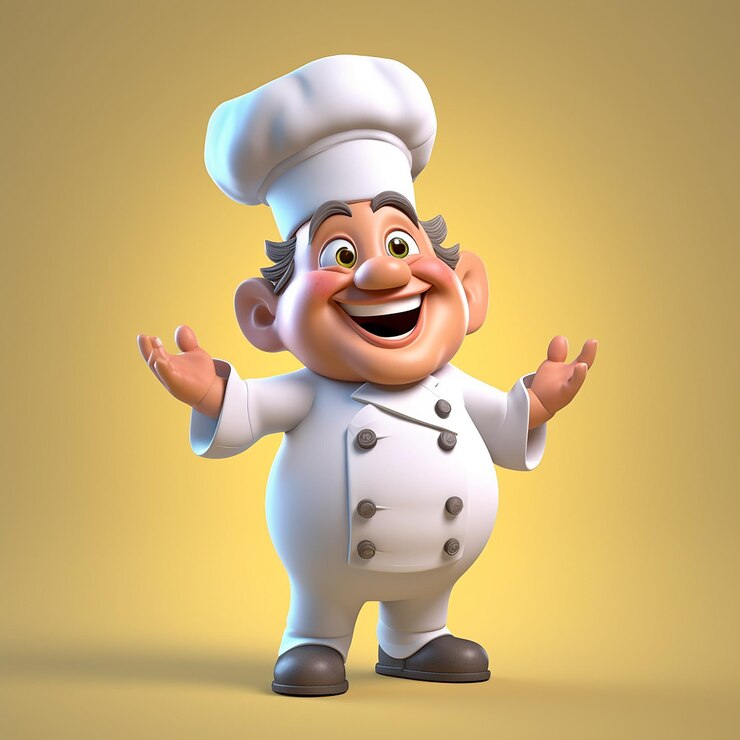 Un personaje de dibujos animados con un sombrero de chef se para frente a un fondo amarillo.