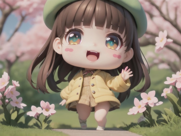 Un personaje de dibujos animados con un sombrero verde y una chaqueta amarilla camina por un campo de flores.