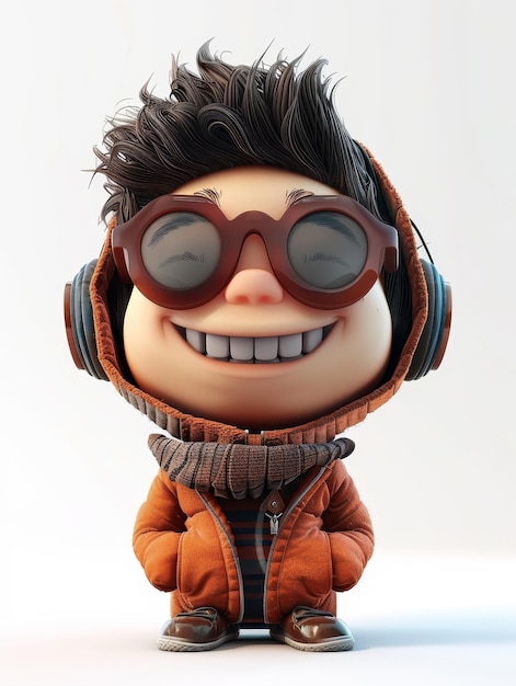 Personaje de dibujos animados sonriente con auriculares