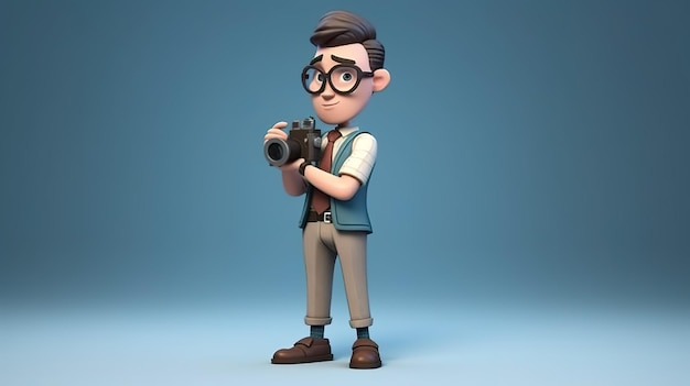 Un personaje de dibujos animados sosteniendo una cámara con un fondo azul.