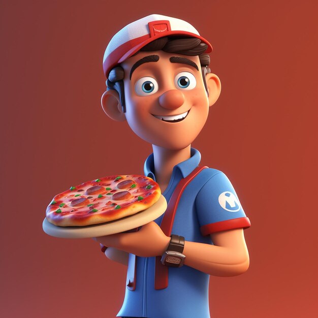 Un personaje de dibujos animados sosteniendo una pizza con un fondo rojo.