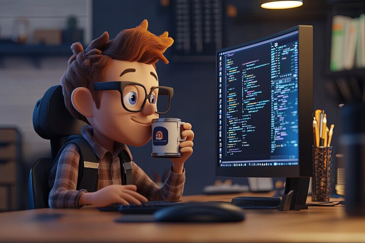 Foto un personaje de dibujos animados sosteniendo una taza de café frente a una computadora