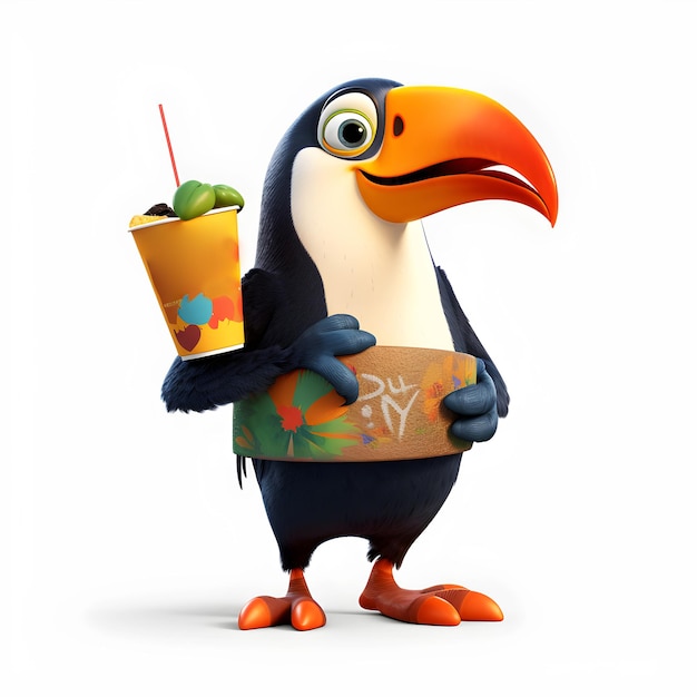 Un personaje de dibujos animados con una taza de jugo y un tucán sosteniendo una bebida.