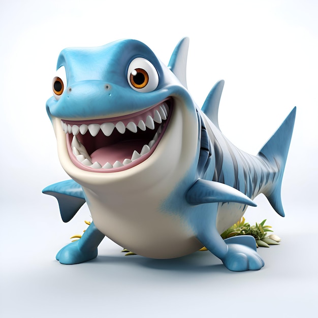 Personaje de dibujos animados de un tiburón con una flor en la boca sobre un fondo blanco.