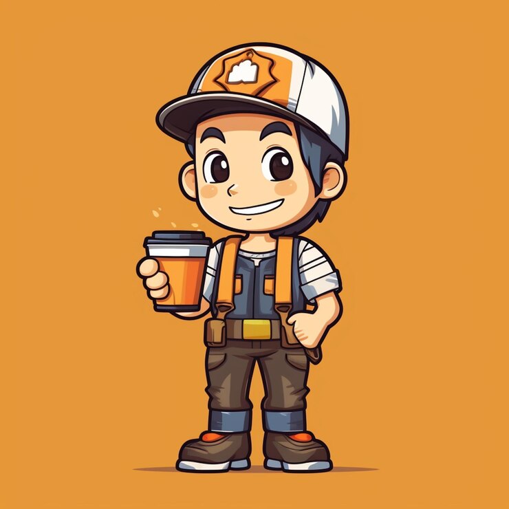 Foto un personaje de dibujos animados de un trabajador de la construcción sosteniendo una taza de café generativo ai