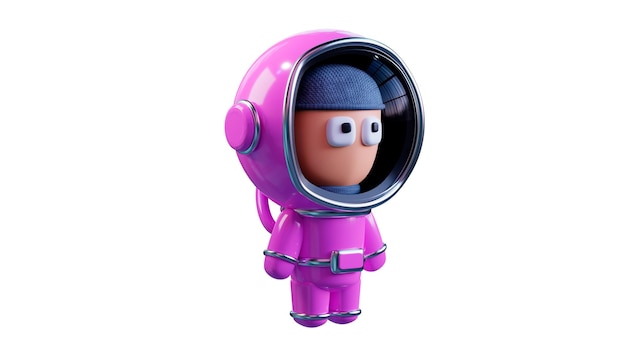 Personaje de dibujos animados con traje espacial rosa de astronauta, vista frontal aislado sobre fondo blanco, renderizado 3D