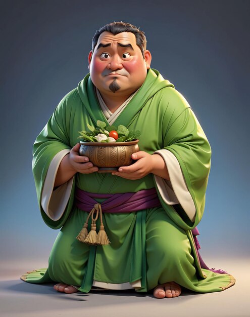 un personaje de dibujos animados en una túnica verde sosteniendo un cuenco de comida