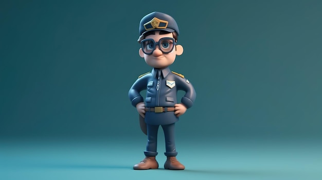 Un personaje de dibujos animados con un uniforme azul y anteojos se para frente a un fondo azul.