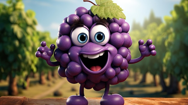 Foto personaje de dibujos animados de uva con una hoja en la cabeza