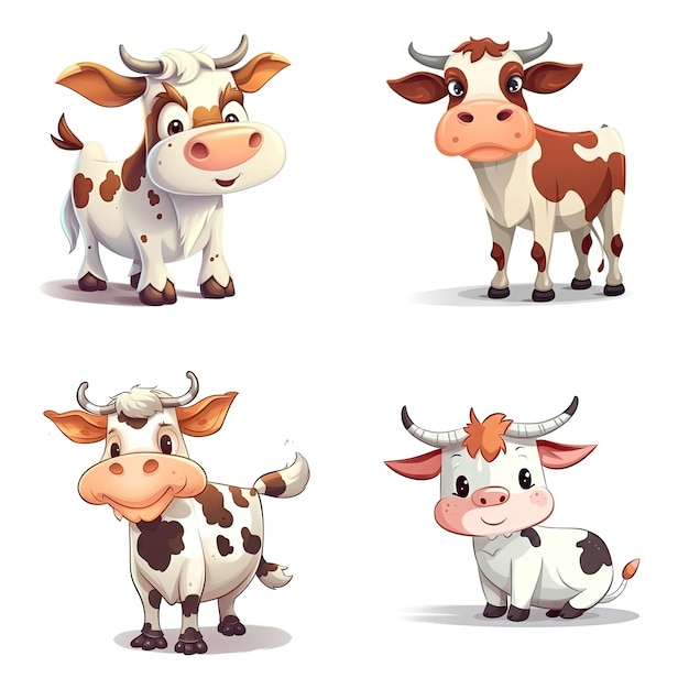 Personaje de dibujos animados de vaca sobre fondo blanco.