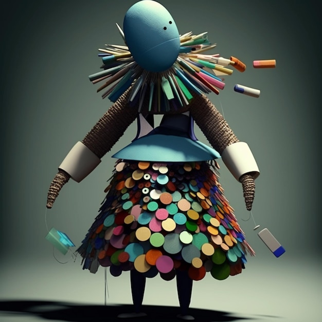 Un personaje de dibujos animados con un vestido azul y un montón de latas de plástico.