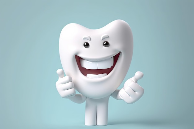 Personaje de diente con los pulgares hacia arriba en el fondo azul Ilustración 3d Diente blanco feliz realista 3D Personaje de dibujos animados de dientes Generado por AI